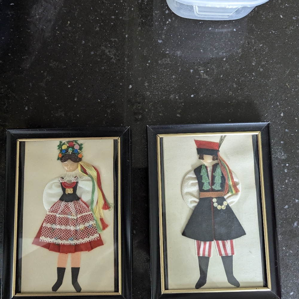 Set of 2Vintage 3D Shadowbox Framed Folk Costume Dolls Made in Poland